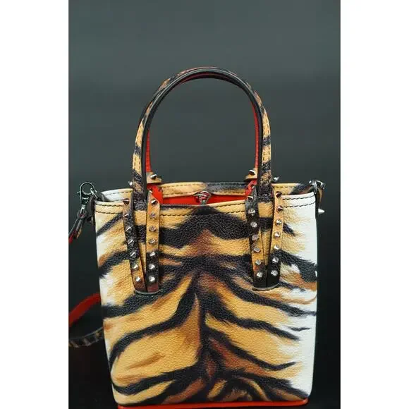 Christian Louboutin Mini Cabata Tiger Print Leather Tote Bag Brown Red NWT $950